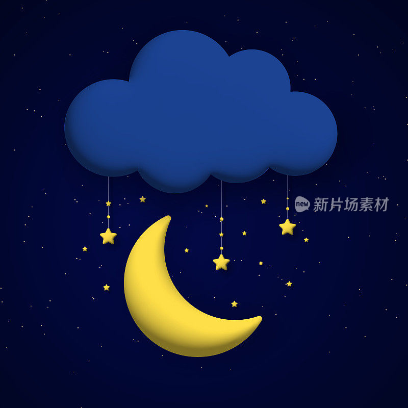 Cute 3d cloud, moon and stars on night sky background. Square composition.